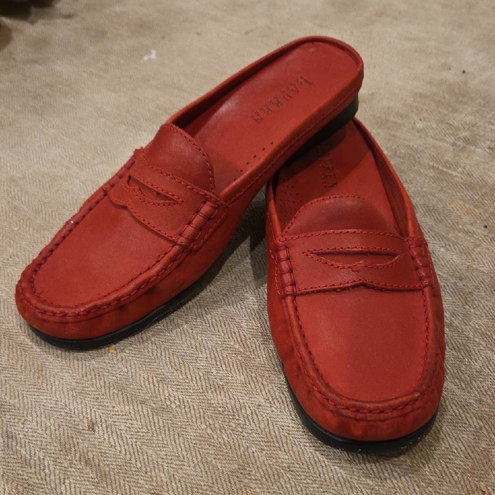 Lauren Ralph Lauren Red Leather Slip-On Moccasin Mules
